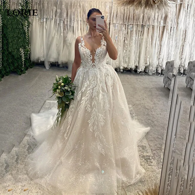 LORIE-Vestidos de Novia de encaje marfil, apliques de encaje, cuello en V, elegante, línea A, brillante, vestidos de novia modestos, 2024