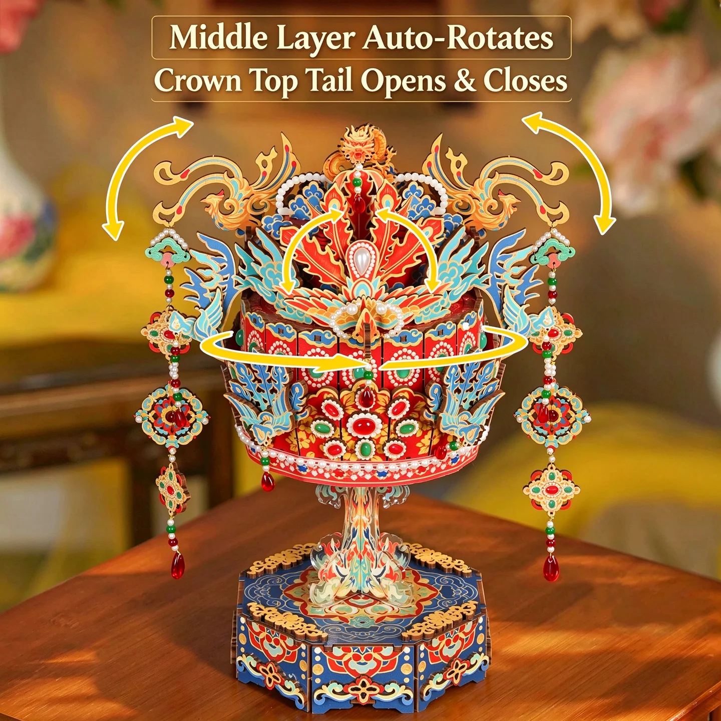 Phoenix Crown 3D Wooden Puzzle Music Box DIY Model Kit with LED Light Desk Decor Gift for Women Girls Birthday Christmas
