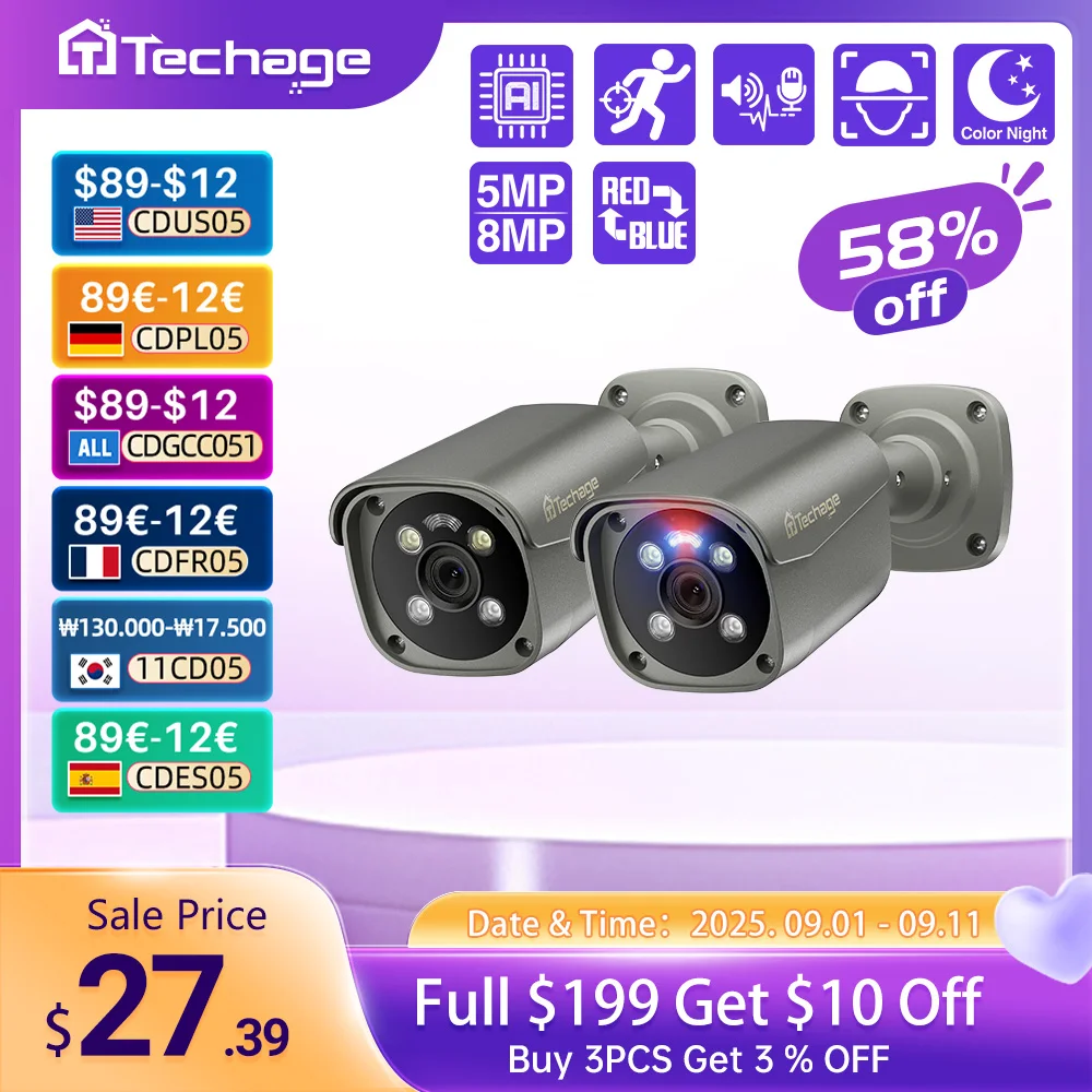 

Techage UHD 4K 8MP 5MP Камера безопасности POE Smart AI Обнаружение человека Открытая двусторонняя аудио IP-камера CCTV Наблюдение Цветная ночь