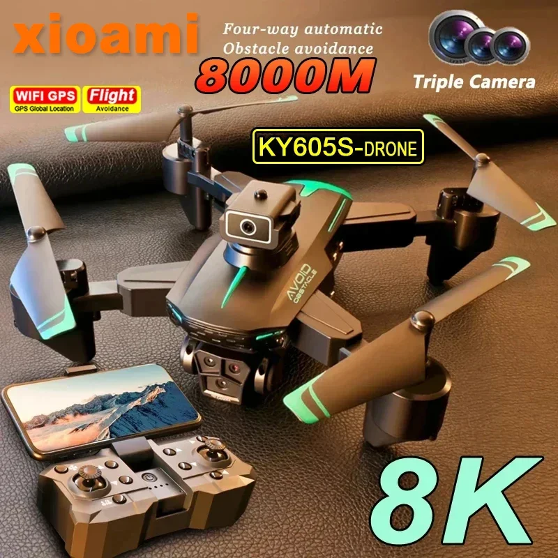 For Xiaomi KY605S RC Drone 8K With Three Camera Wide Angle Optical Flow Localization Four-way Obstacle Avoidance Quadcopter Toys