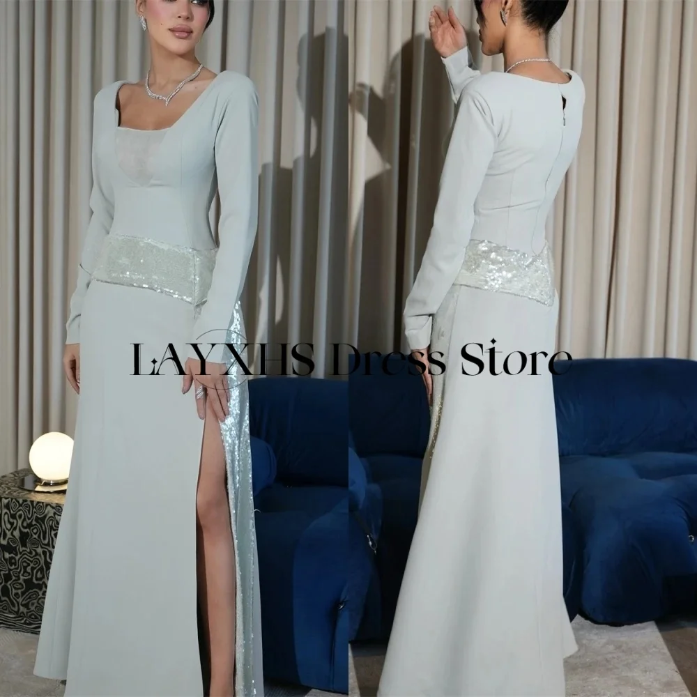 LAYXHS Vestido de noite com decote quadrado de alta qualidade, lantejoulas, sereia, manga comprida, fenda lateral, vestido de baile personalizado