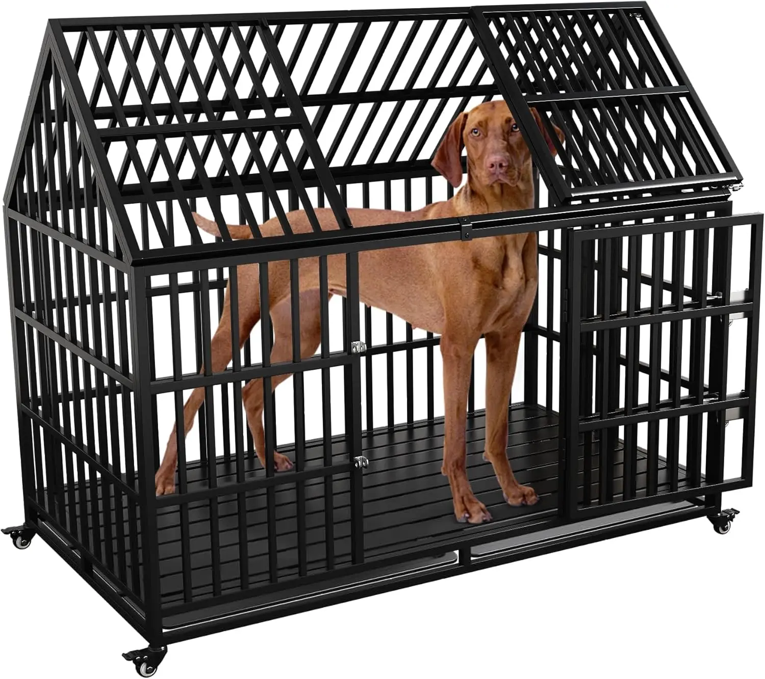 Heavy Duty Dog Crate for Large Giant Dogs, Metal Pet Cage Dog Kennel with Roof Strong Playpen, 54'' Dog Cage with Sturdy Latches