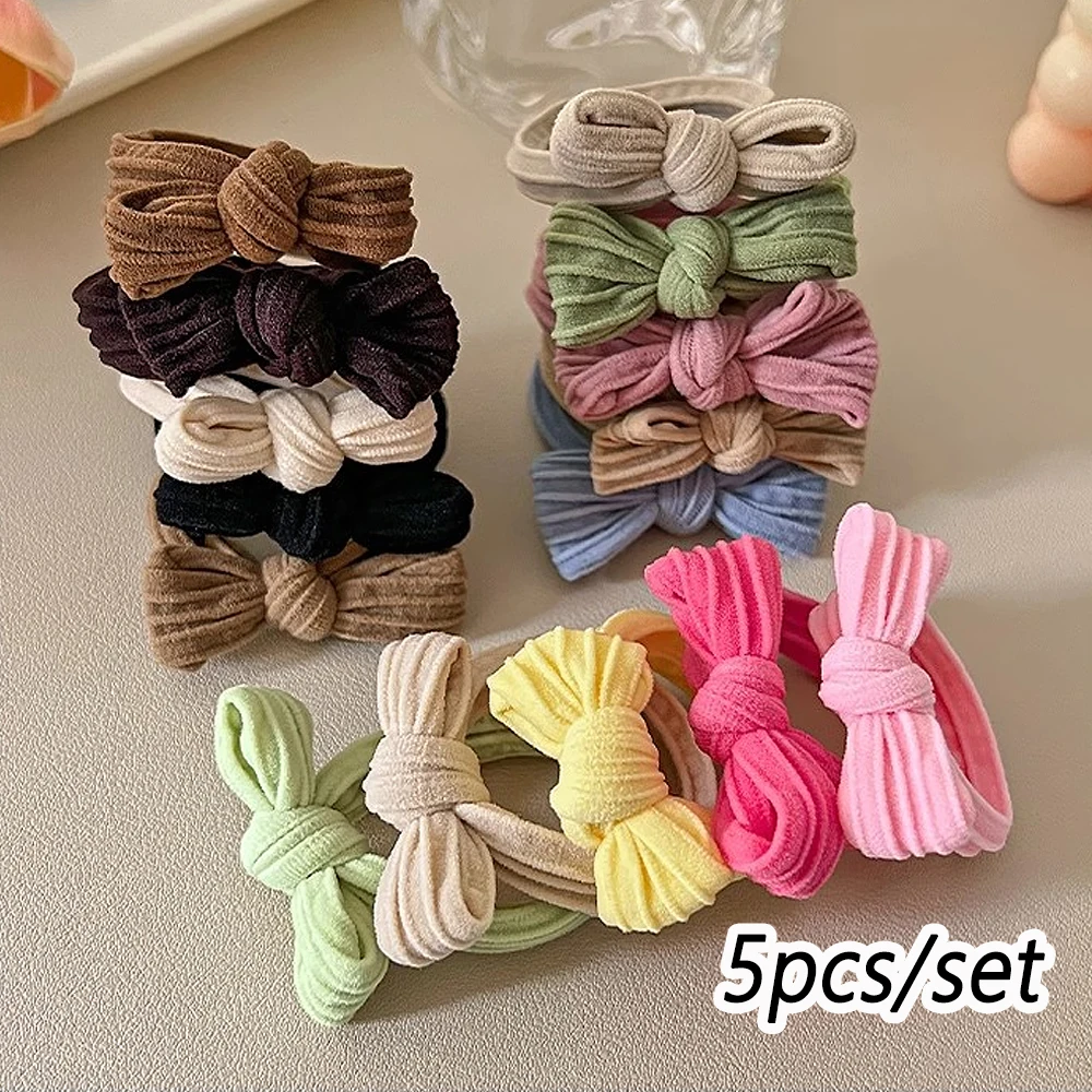 5pcs Candy Color Bowknot Hair Ties Set Baby Seamless Elastic Soft Ponytail Holders Rubber Band For Toddler Girls Summer Headwear