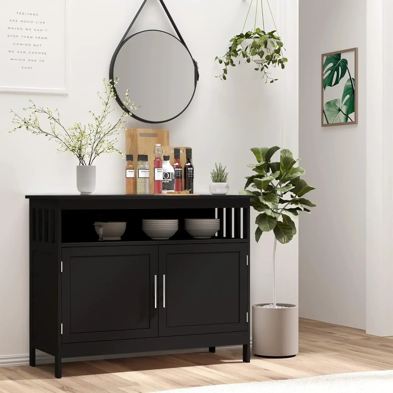 Sideboard Buffet Cabinet, Modern Kitchen Cabinet, Coffee Bar Cabinet with 2-Level Shelf and Open Compartment, Black/Grey/White