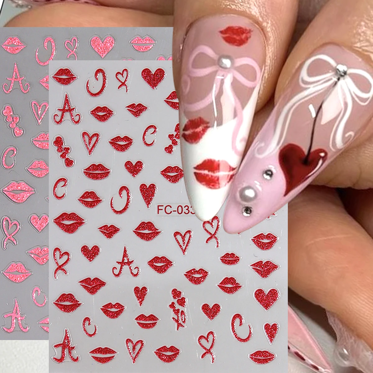 Rosa und rote glitzernde Herz-Nagelaufkleber, niedlicher Lippendruck, selbstklebende DIY-Nagelaufkleber, romantische Nagelkunst zum Valentinstag
