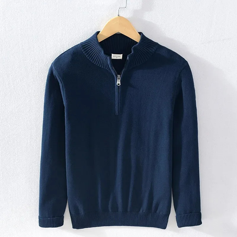 High Quality Men's Half Zip Mock Neck 100% Cotton Knitted Pullover Sweater Solid Color Stand Collar Casual Pull Homme Fit Type