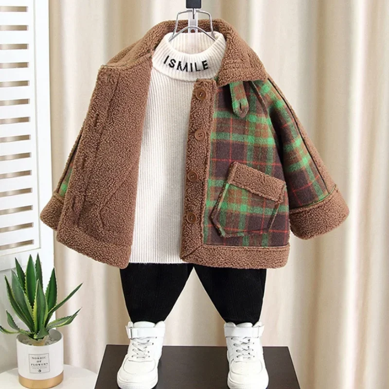 Boys Woolen Coats Jackets Plus Thicken 2024 Perfect Warm Velvet Winter Autumn Cotton Sport Tracksuit Teenagers Children's Clothi