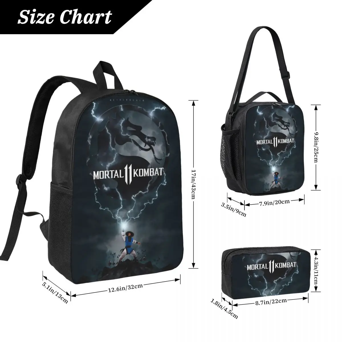 3Pcs Mortal Kombat II Moive 2026 Backpack Set for Boy Girl Pen Bags Bookbag Sets with Lunch Box For School Students Daypack