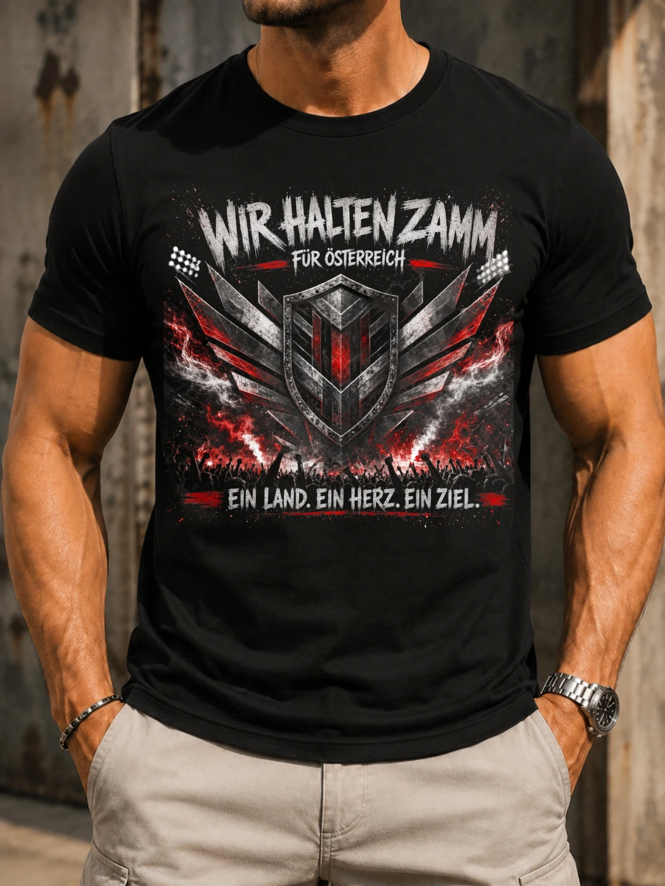 Wir Halten Zamm Fur osterreich red  stadium smoke metallic  crowd silhouettes and unity slogan  Unisex All T-Shirt