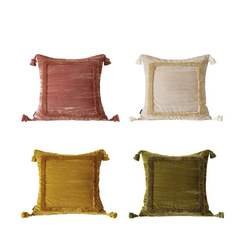Bohemian Tassel Velvet Cushion Cover 55x55cm, Handmade Tufted Border Throw Pillow Case for Living Room Sofa Bed Decoration