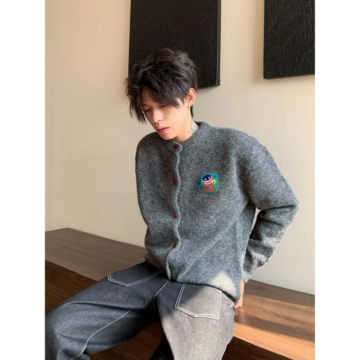 

Осень-зима, вязаный свитер с v-образным вырезом, кардиган, мужская цветная повседневная верхняя одежда, свободная посадка, твердая текстура, полиэфирное волокно