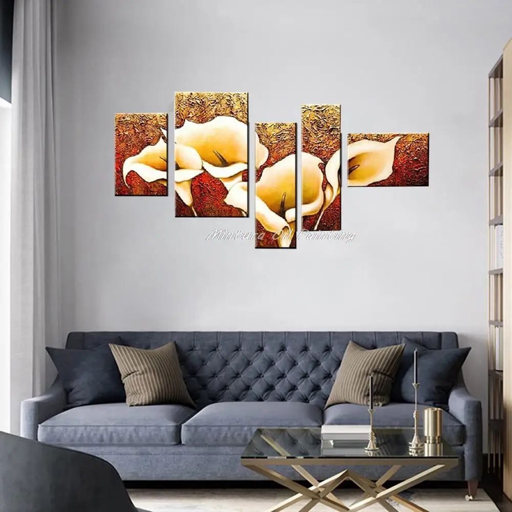 Mintura 5 Pcs Hand-Painted Autumn Golden Lily Flower Oil Painting On Canvas,Abstract Art Wall Picture For Living Room,Home Decor