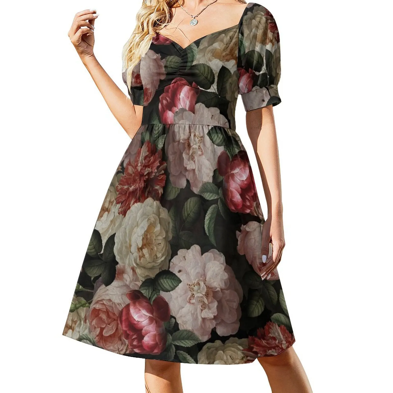 

Antique Jan Davidsz. de Heem Lush Roses Flowers On Black Botanical Night GardenPattern Short Sleeved Dress