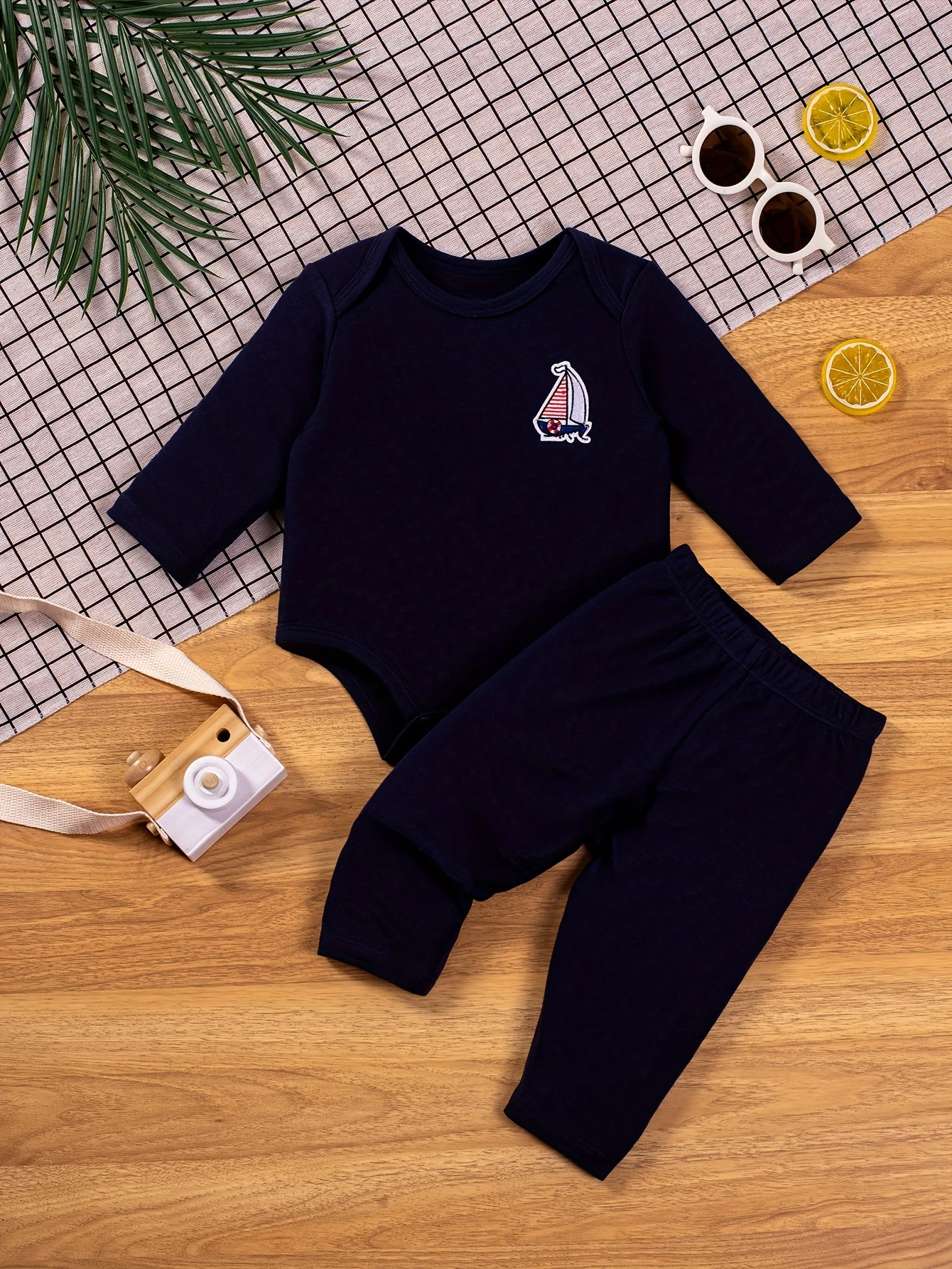 2pcs Infant\'s Long Sleeve Casual Outfit, Cotton Triangle Bodysuit & Elastic Waist Pants, Baby Boy\'s Clothes