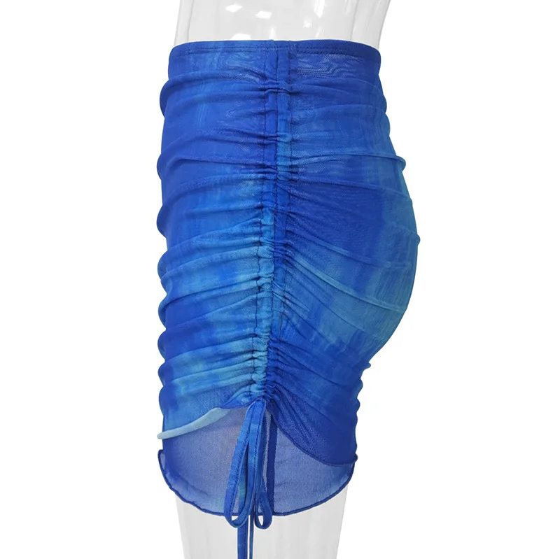 Mode V-ausschnitt Flare Hülse Tie Dye Tops Mini Rock Anzug Frauen Mesh Tees Spitze Up Röcke Neue Sommer Weibliche 2-teiliges Set Outfits – Detail 13