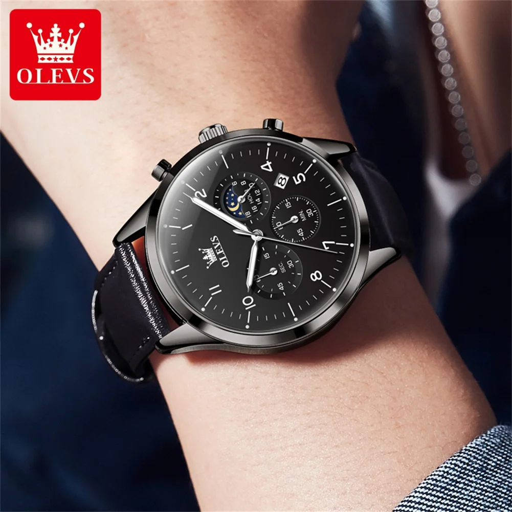 OLEVS 2882 Multifunctional Men's Quartz Watch Leather Strap 42mm Big Dial Moon Phase Waterproof Classic Quartz Watches for Men