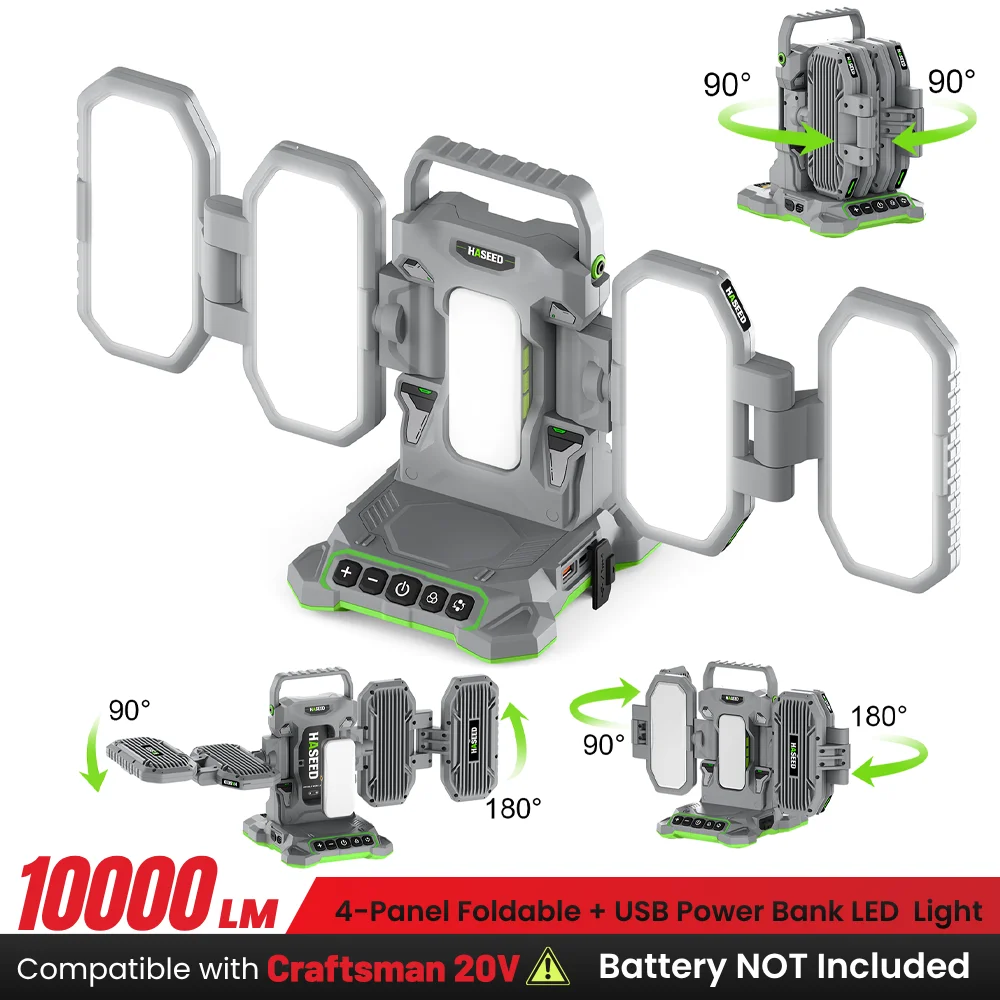10000LM LED Work Light Compatible with Crafts-man 20V, 360° Lighting, Adjustable Brightness/CCT, Battery/Type-C Powered & 2 Outputs for Construction Camping