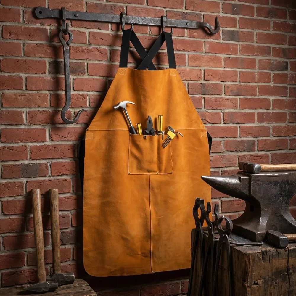 Orange Thick Cowhide Welding Apron Cowhide 90cm*60cm Pocket Design Welding Gear Wearproof Anti-scald Electrician Workwear