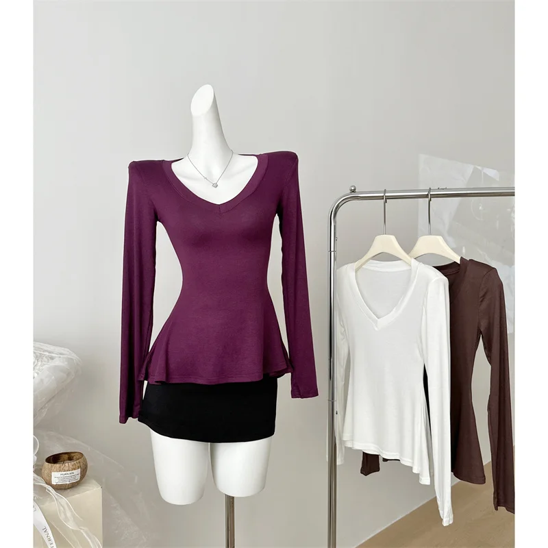 وسادة الكتف تصميم الرغبة النقية فتاة حار V-Ne قاعدة irt المرأة طويلة Sve ملابس داخلية الخريف جديد Sle Ele