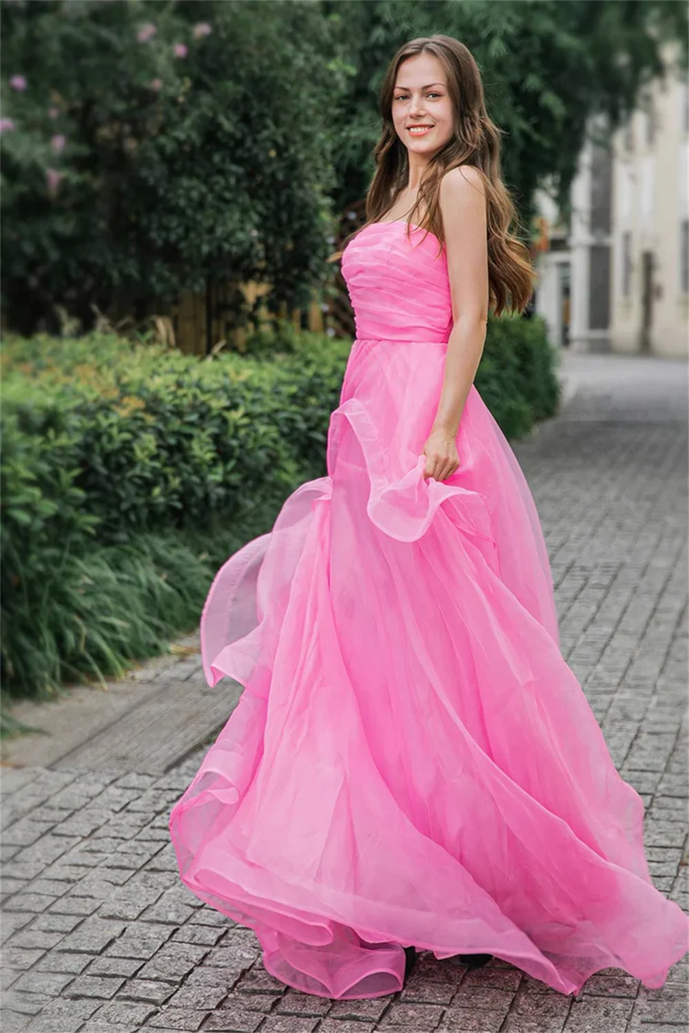 Annie Tulle Pink Bandeau Off-the-Shoulder Ball Dress Sparkling Debut Party Formal Evening Dressفساتين للحفلات الراقصة