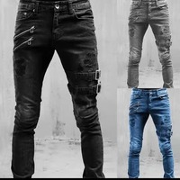 Men New Slim Jeans Male Pants Spring Autumn Elastic Feet Jean Streetwear Mens Skinny Zips Biker Cacual Long Denim Trousers