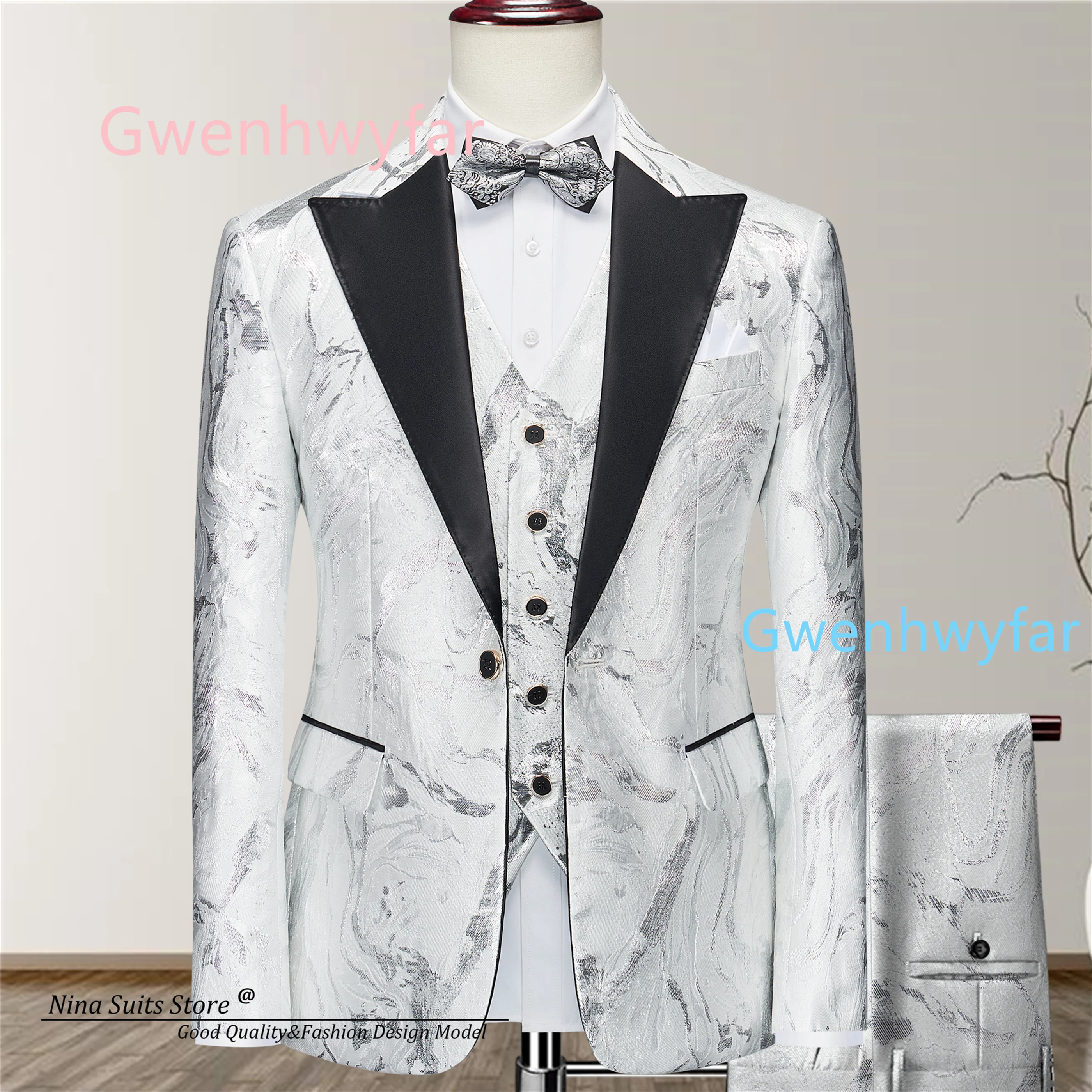 Gwenhwyfar-traje de Jacquard blanco para hombre, chaqueta con patrón de pintura al óleo gris plateado personalizado, pantalones, chaleco, esmoquin de un solo pecho, 2026