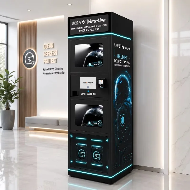 Motorcycle and bicycle helmet self-cleaning dry cleaner with sterilization and QR code payment system
