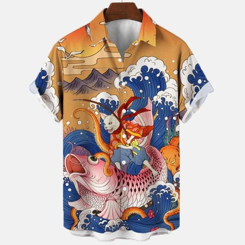 Hawaiian Summer Floral Koi Fish Shirt For Men\'s Casual Social 3D Short Sleeve Street Carp Luxury Outdoor Top Imported Clothing