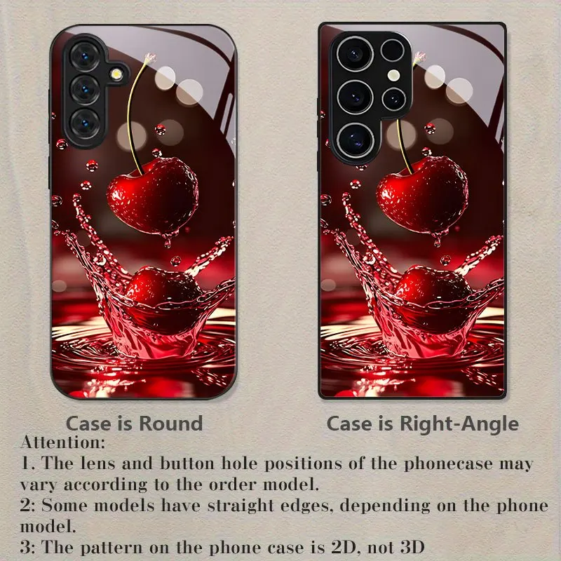 Cherry patterned glass phone case suitable for Samsung Galaxy S26 S25 S24 S23 S22 S20 FE/Ultra/Plus anti drop back cover