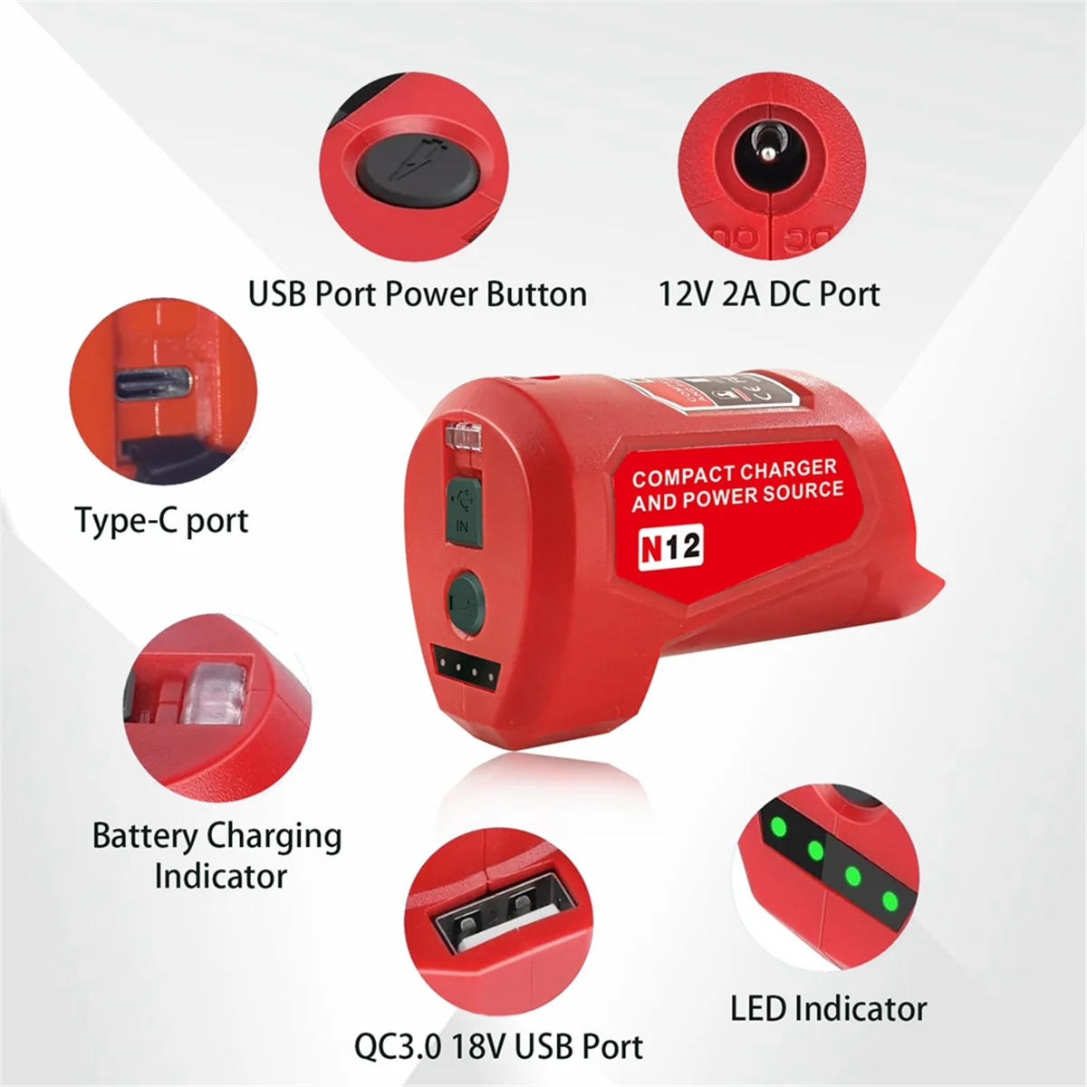 N12 Battery Power Source Adapter for Milwaukee 12V M12 Battery Power Wheel Charger Adapter with 12V DC Port USB2.0 Port A006