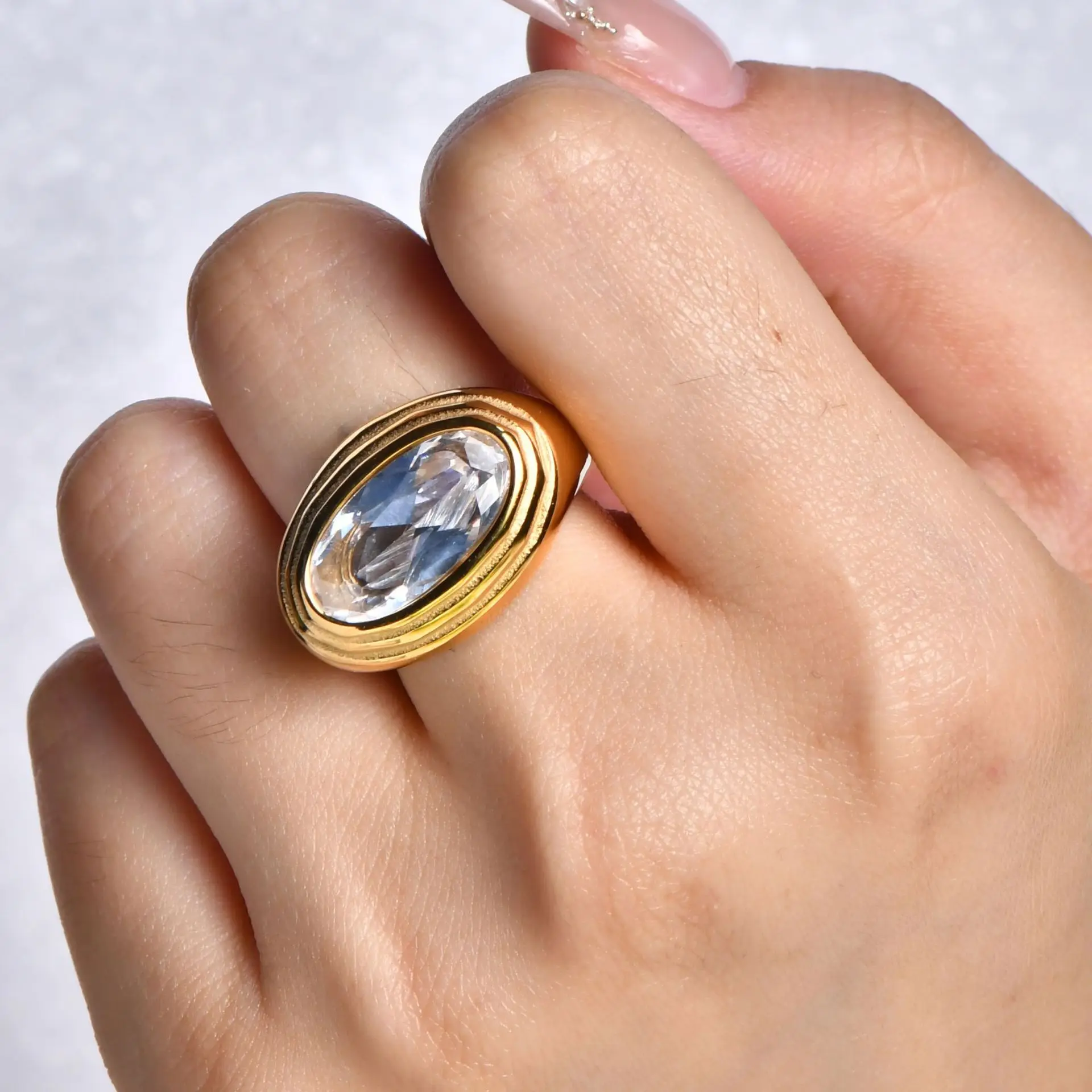 

YHTOT Simple Classic 18k Gold Color Plated Stainless Steel Oval Zircon Ring Stackable Large Ring Ladies Jewelry