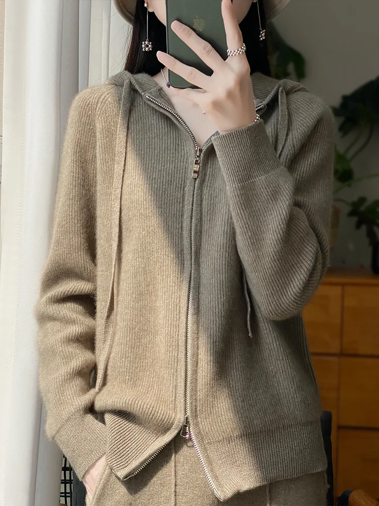 Chic Zipper Cardigan Women Sweater Autumn Winter 100% Merino Wool Casual Long Sleeve Cashmere Knitted Hoodie Korean Fashion Tops