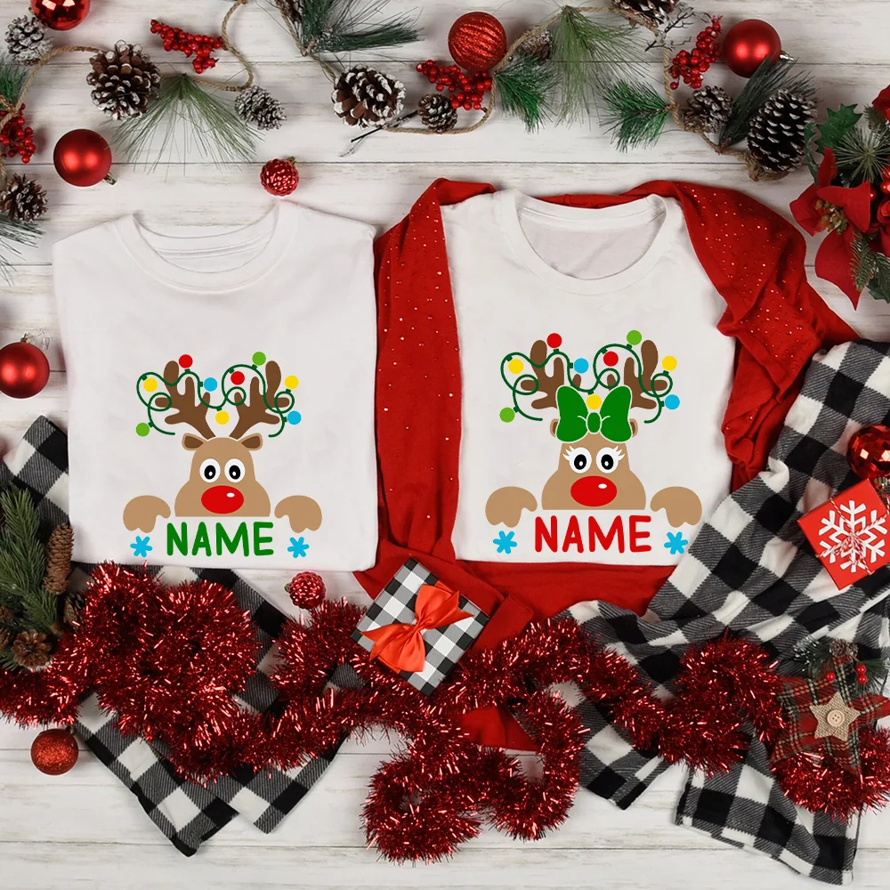 Matching Christmas Family Shirt Custom Name Reindeer Graphic Tees for Family Personalized Holiday Xmas Dad Mom and Me Shirts