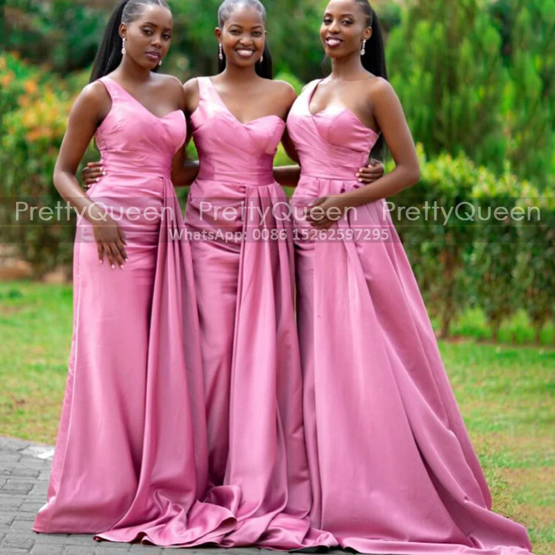 

Customized A Line Bridesmaid Dresses One Shoulder Long Waistline Cape Dark Pink Satin Sleeveless Party Dress Wedding Guest