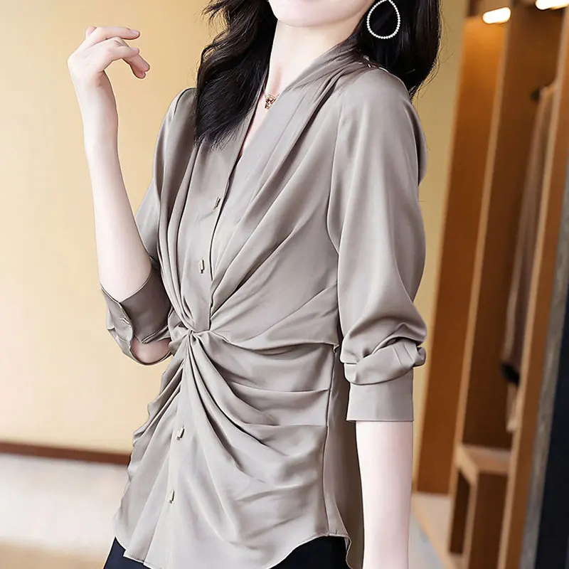 Commute Solid Color Folds Blouse Spring Autumn Fashion Slim Long Sleeve Female Clothing All-match Elegant V-Neck Button Shirt