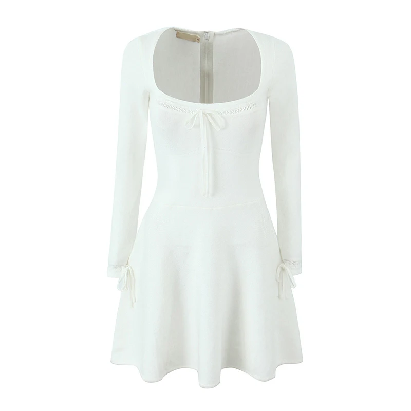 YENKYE Sexy Women High Quality Bow Square Collar Knit Dress Long Sleeve Low Waist A-line Mini Sweater Dresses Autumn Robe
