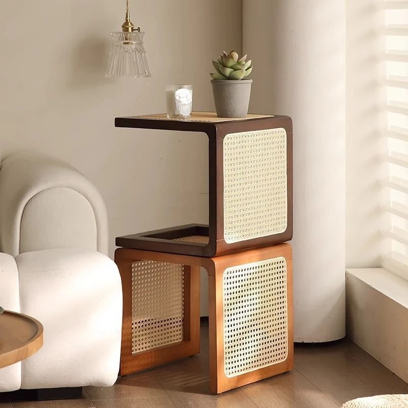 

Retro solid wood rattan small square stool home sofa tea edge few high-end light luxury bedroom bedside table shoe change bench