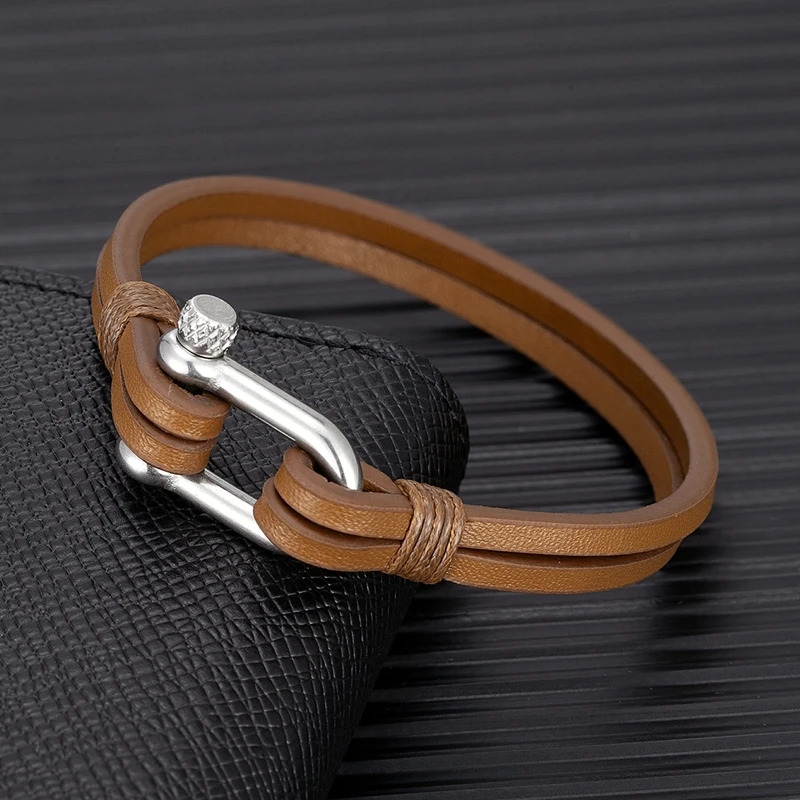 Men Stainless Steel U Shape Buckle Bracelet Simple Nautical Double Strand Leather Bracelet & Bangle Handmade Jewelry for Women