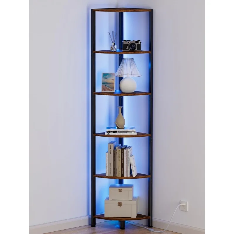 

6 Tier Corner Shelf with LED Light, 67.5” Tall Standing Shelf Organizer, Narrow Bookshelf with Storage Rack for Wall