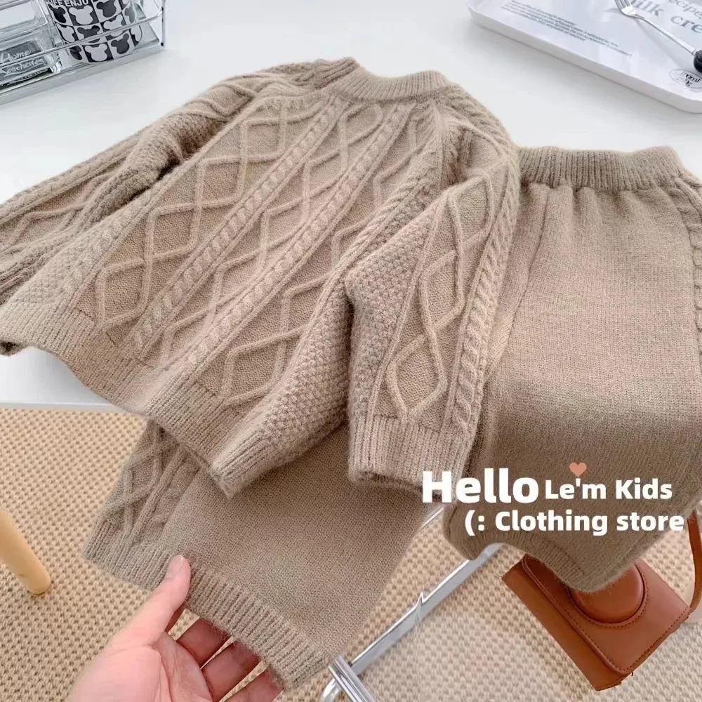 Girls Autumn Knitting Sweater Sets Pullover Girls Clothing Sets Winter Korean Sweater Pants Children Knitted Wool Trouser Suits