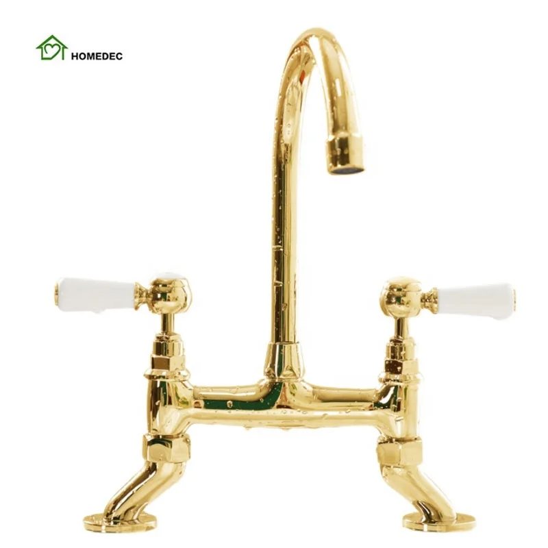 

European High Quality Copper Gold Double Hole Double Lever Hot and Cold Sink Taps Rotatable Kitchen Faucet