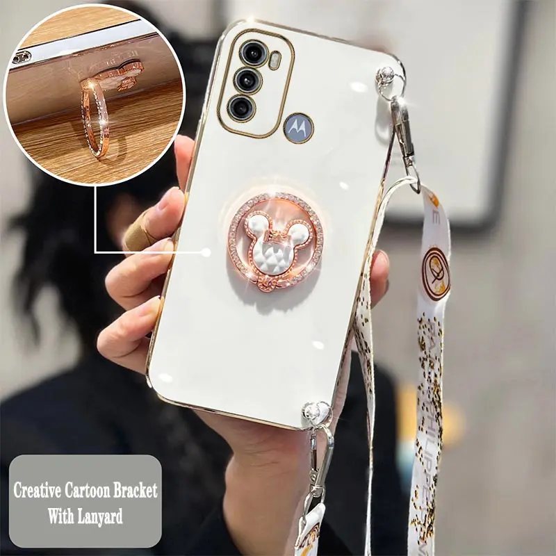 Creative Cute Cartoon Holder Lanyard Plating Phone Case For Motorola Moto G60 G30 G60S G32 G53 G42 G52 G72 G73 G22 G20 G50 Cover