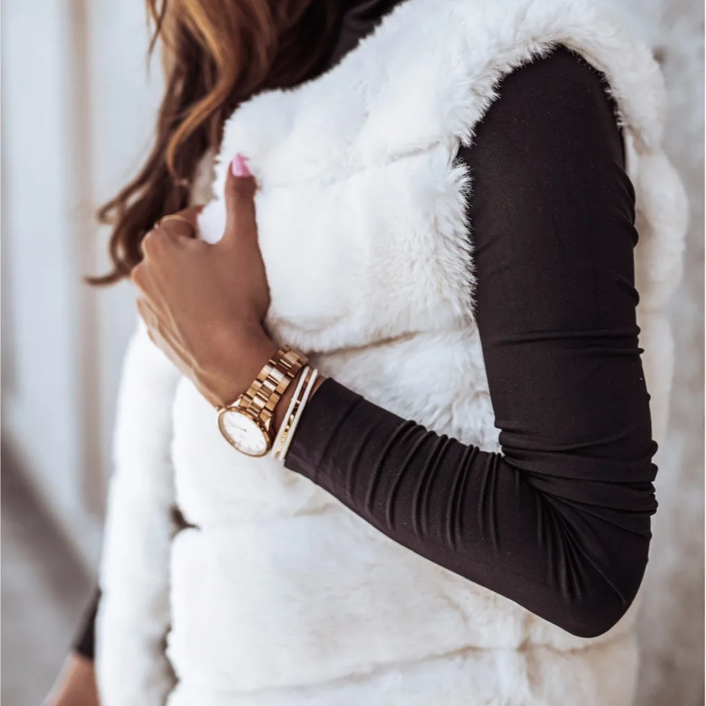 Women Long Faux Fur Autumn Winter Long Round Neck Fur Vests Coat Overcoat Sleeveless High Waist Solid Color