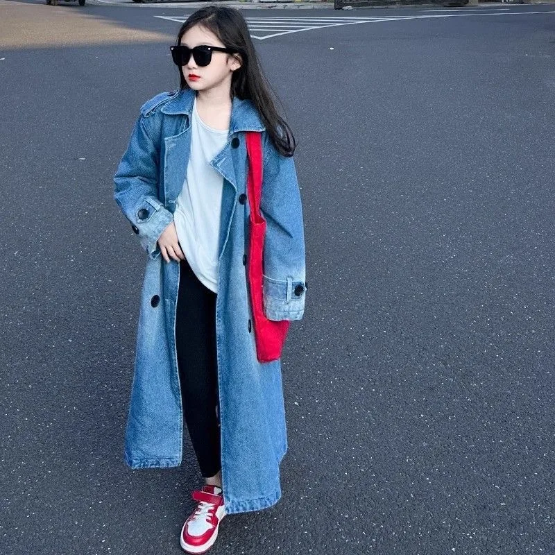 Children Girls Denim Long Trench Coat UNITIM Autumn Retro Junior Girls Self‑Belted Outerwear Fashion 2-14Yrs Kids Girls Jackets