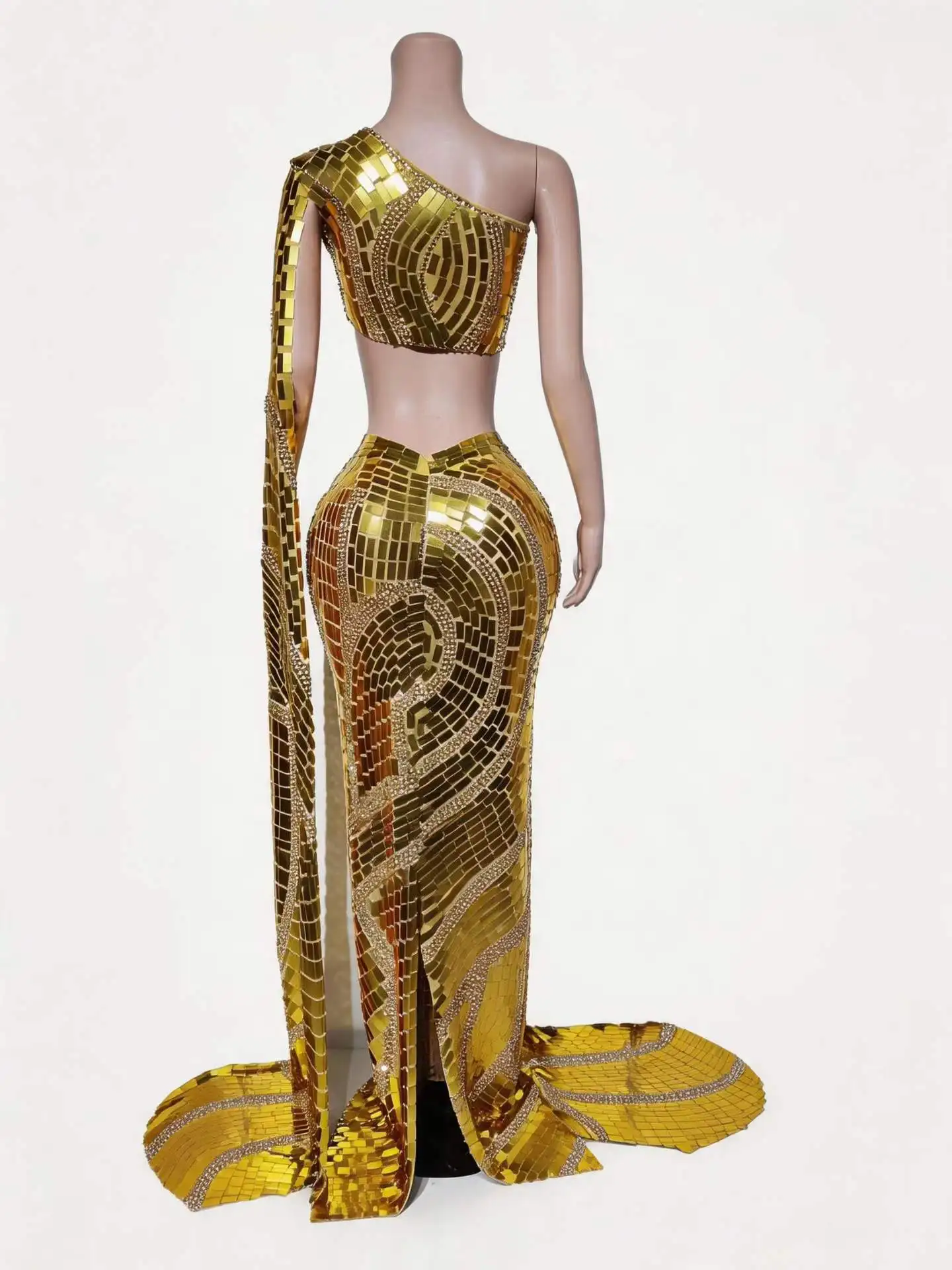 Sparkly Gold Mirror Sequin 2 Piece Outfit One Shoulder Crop Top Mermaid Skirt Women Birthday Performance Photo Shoot Stage Wear