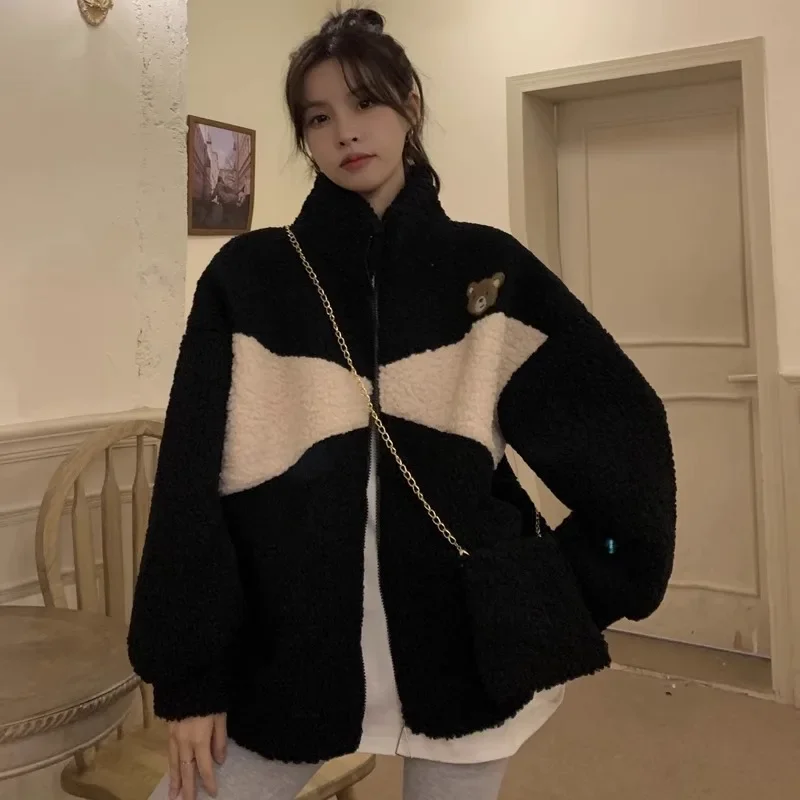 Zimní zesílená bunda s dlouhým rukávem z jehněčí kožešiny pro dámy, volný bavlněný kabát s medvědím vzorem, rozkošný design s barevnými bloky, nový, horký výprodej - náhled 2