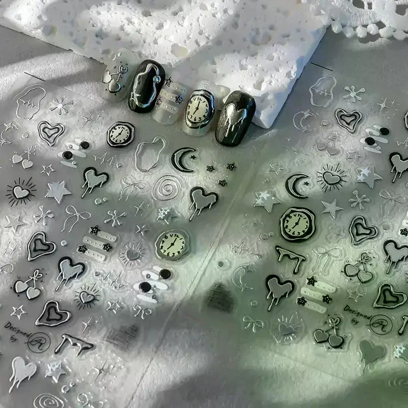 Silver Lava Annual Ring Cherry Clock Watch Starburst Love Heart Rate Chart Moon Star Line Bowknot Line Nail Art Stickers Decals