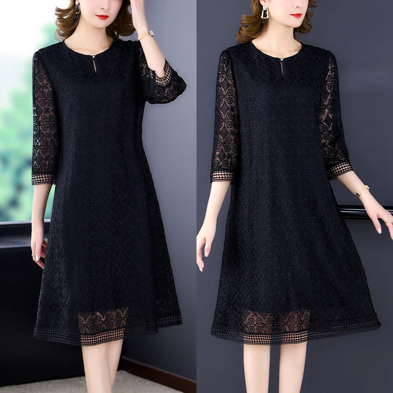 

2023 New Black Natural Embroidery Hook Flower Hollow Sexy Midi Dress Women Spring Summer Vintage Hepburn Elegant Bodycon Dress