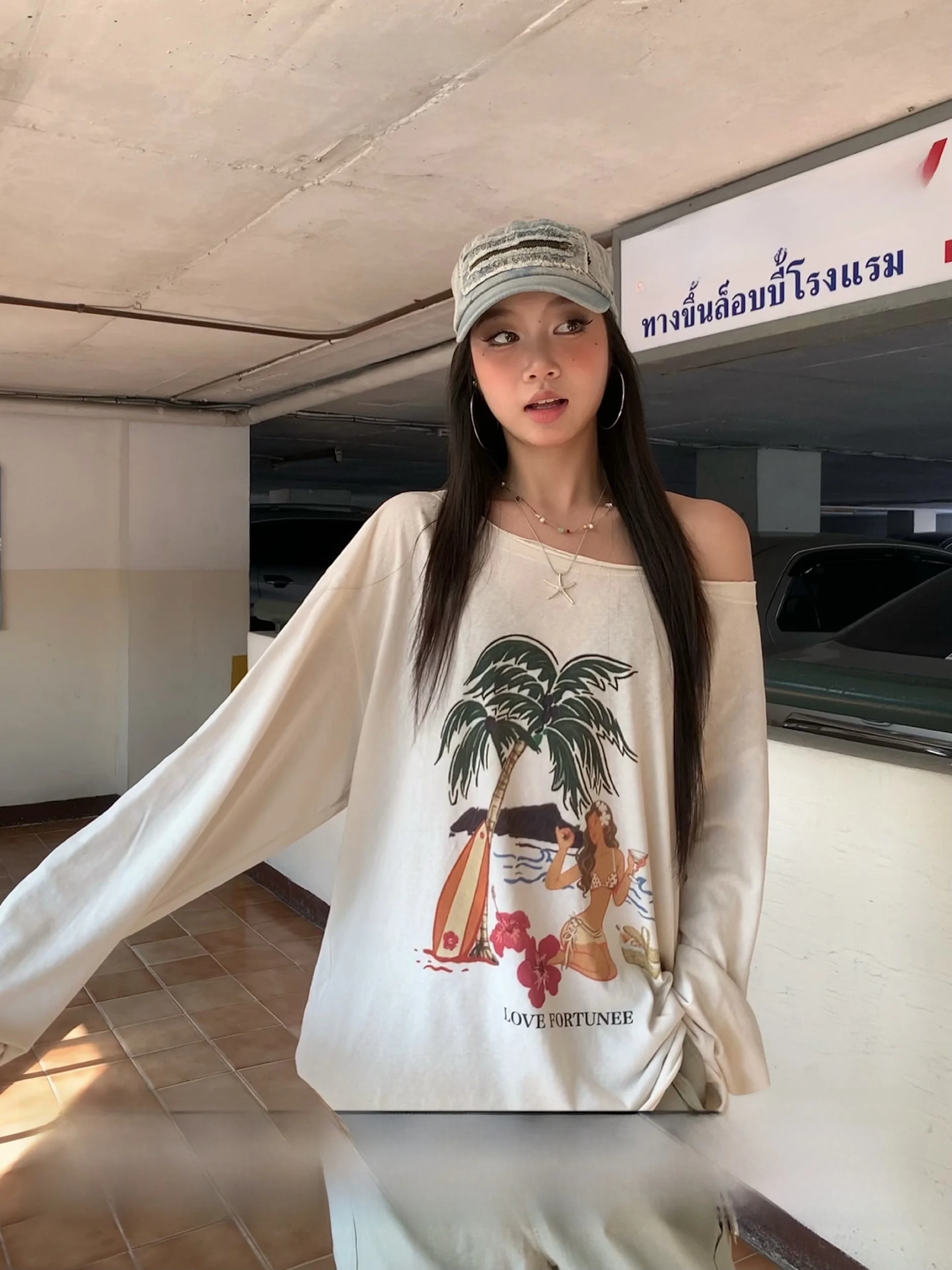 

Оригинальная футболка Fortunee с ручной росписью, с длинным рукавом, открытыми плечами, для пляжного отдыха, женская, из хлопка и льна, вязаная, повседневная одежда