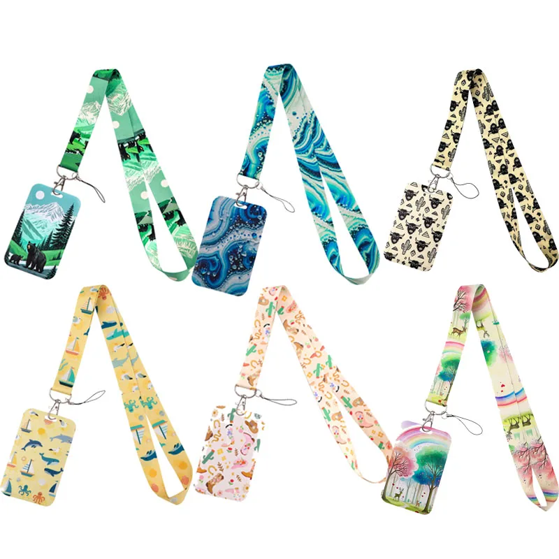 

Милые мультяшные бейджи с природными пейзажами, держатели для карт, шнурки для ключей, ремешки на шею, брелоки для спортзала, аксессуары, подарки